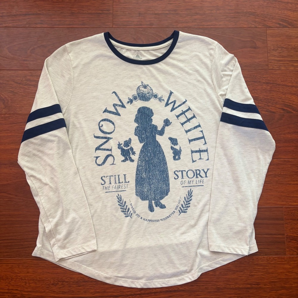 Disney Womens Snow White Graphic Long Sleeve T-Shirt XL Cream Navy Ringer Stripe